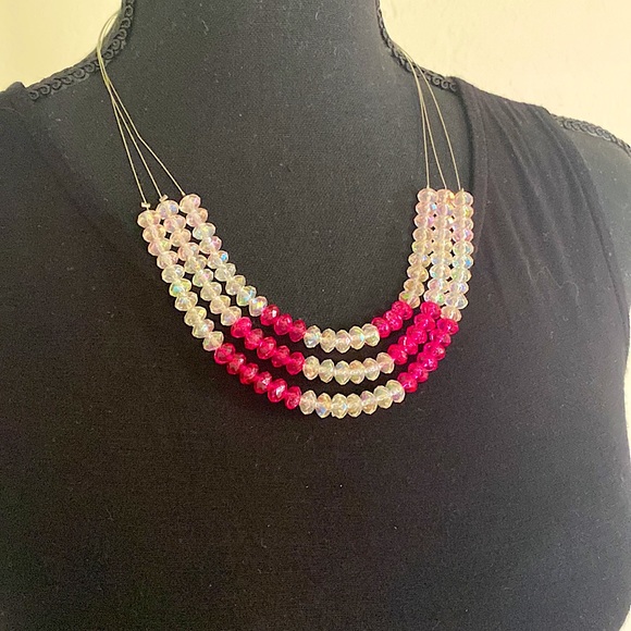 Silver “Invisible” Necklace With White And Hot Pink Beads - Picture 8 of 16